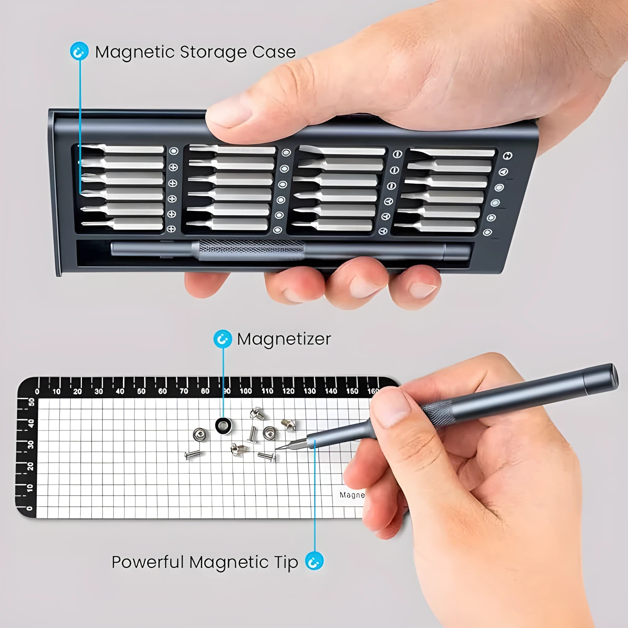 Compact 25-in-one magnetic screwdriver set with chrome vanadium steel bits and a black ABS handle.