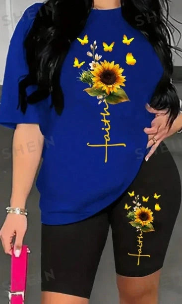 Women's sunflower printed short sleeve t-shirt and cycling shorts set in burgundy, black, or blue