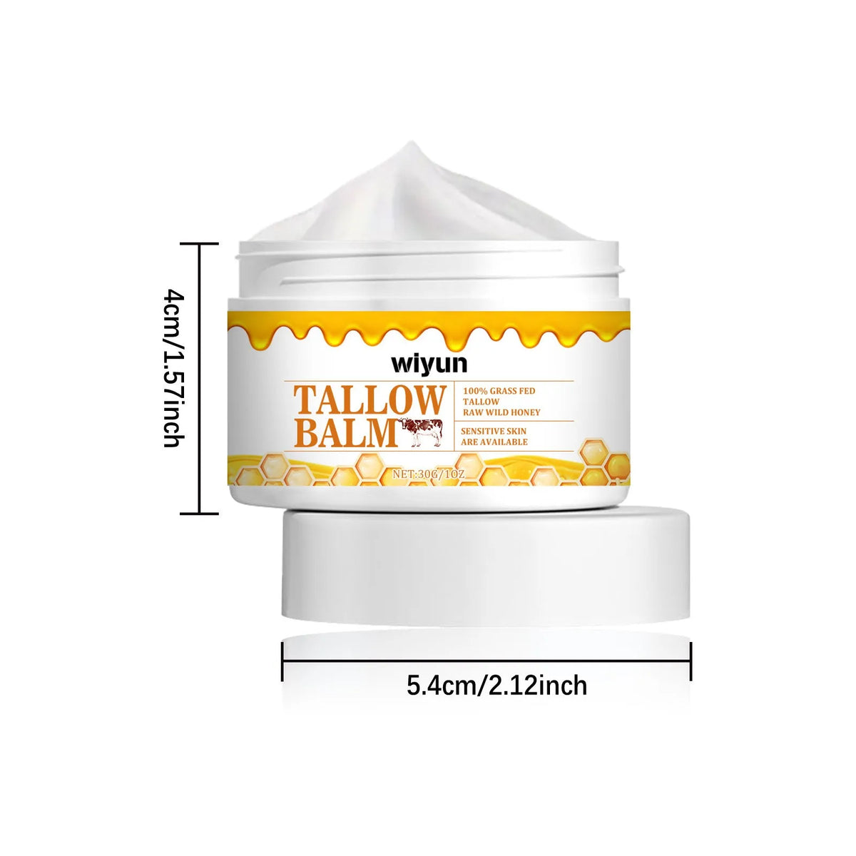 30g anti-wrinkle moisturising skincare cream jar with tallow, honey, vitamin E, and glycerin on white background