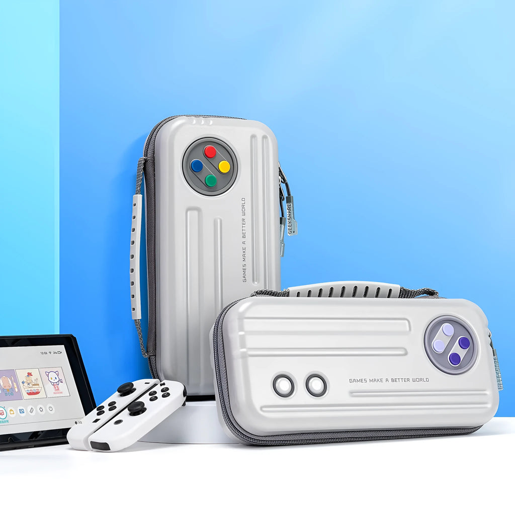 Nintendo Switch OLED storage handbag showing multi-cassette handle and 25.5x12.5x6 cm dimensions