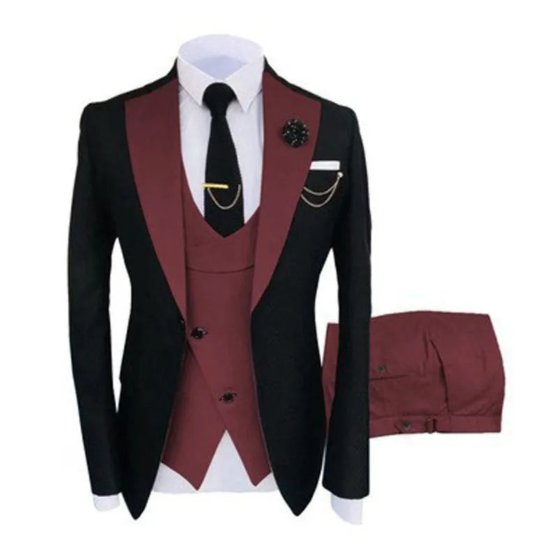 Men's slim fit three-piece cotton suit in a black-based colour for wedding or business wear.