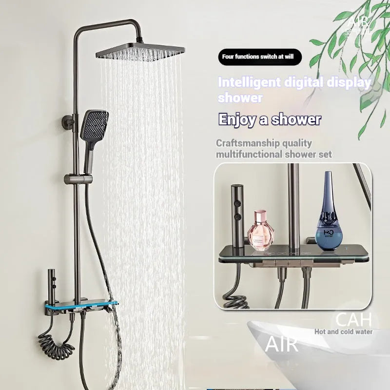 Digital display aluminium shower head set with temperature control in white or grey finish