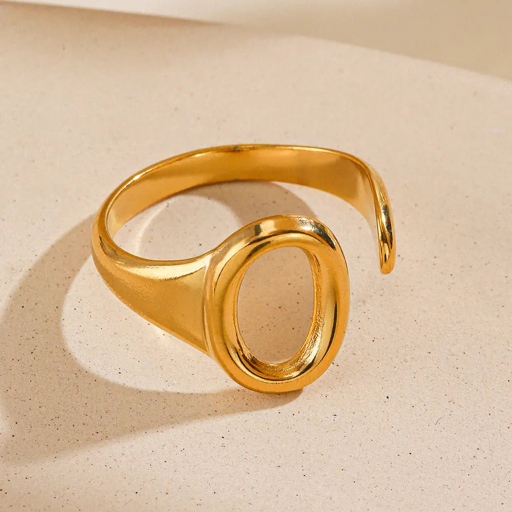 Oval ins style electroplating adjustable stainless steel ring for women, gold colour, geometric shape