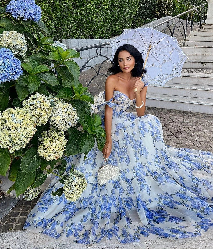 Floral off-the-shoulder organza dress with lace-up back detail