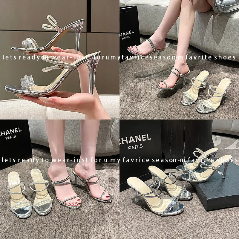 Plus size rhinestone high heel sandals with 9cm stiletto heel in black colour option