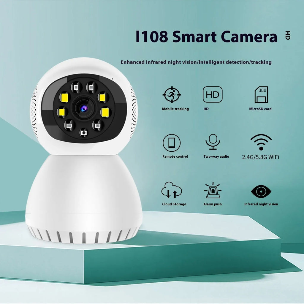 White dual-frequency wireless home security camera with 1080p HD resolution and mounting bracket