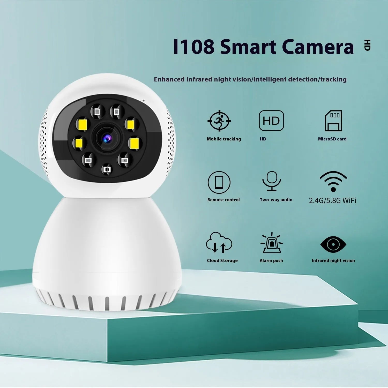 White dual-frequency wireless home security camera with 1080p HD resolution and mounting bracket