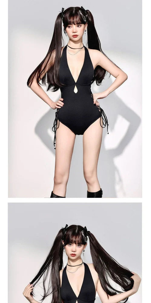 Women's V-neck hollow strap one-piece swimsuit with polypropylene fibre fabric in black, available in sizes M, L, and XL with Asian sizing considerations