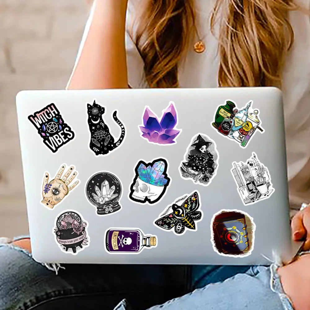 Set of 50 colourful waterproof PVC stickers for luggage and smooth surfaces, sizes 3 to 8 cm.