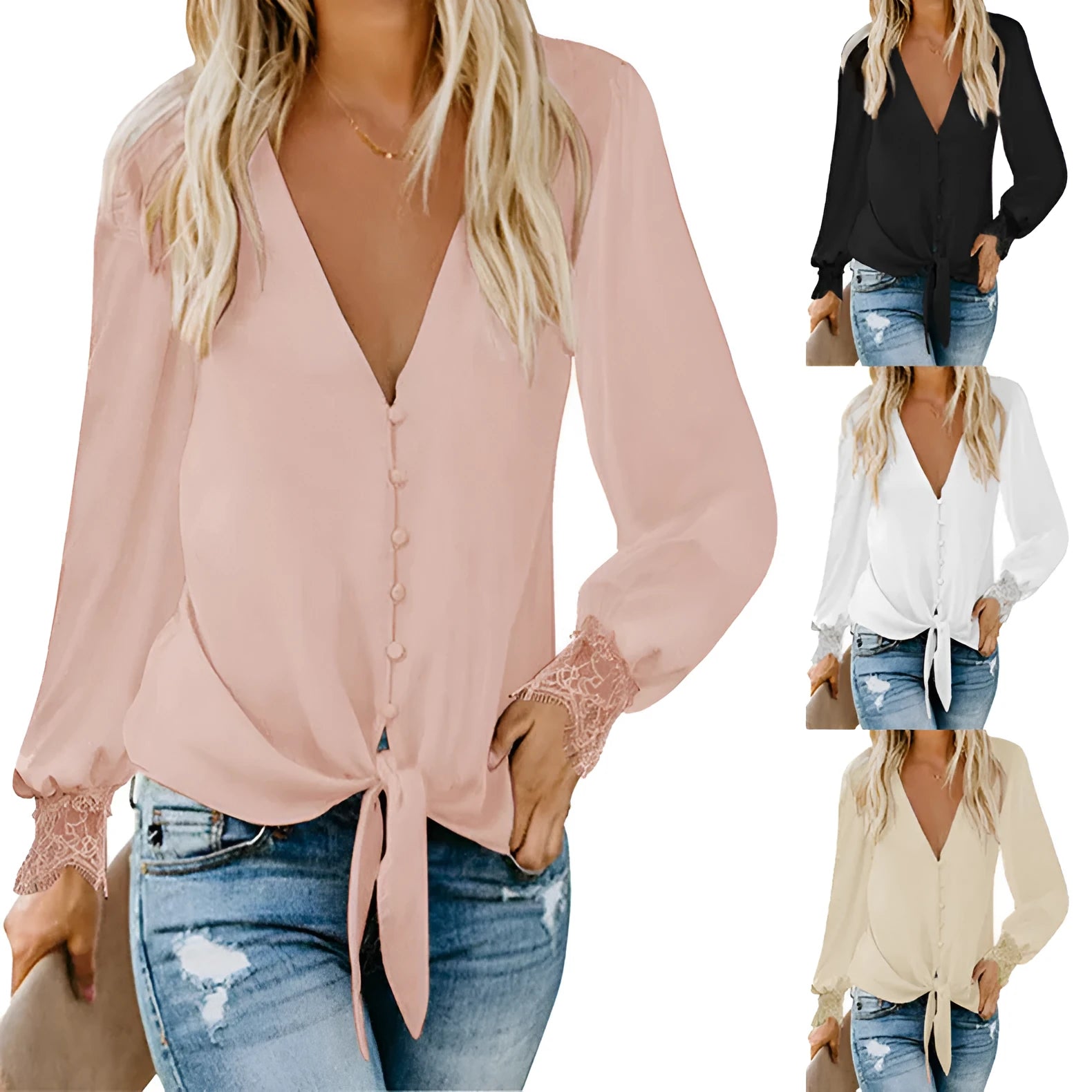 Women's loose v-neck top with lace-up hem detail on front, in solid colour with long sleeves.
