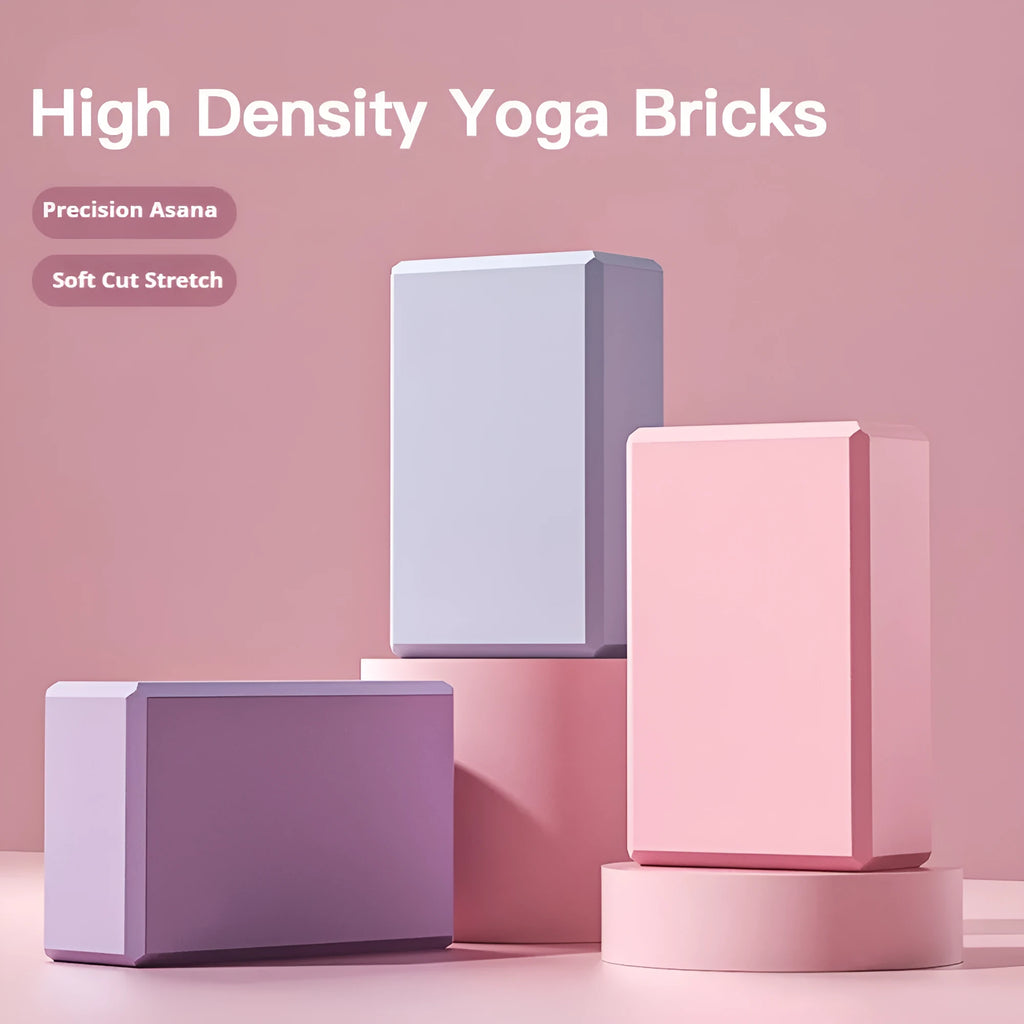 Solid colour EVA foam yoga block showing hexagonal facets with ridges, measuring 23x15x7.6cm
