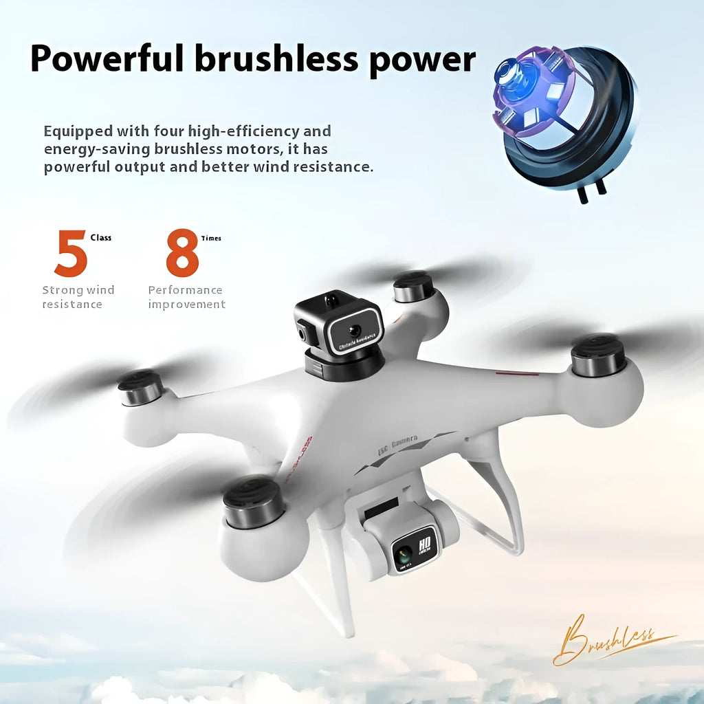 Black HD brushless motor UAV quadcopter with four-side obstacle avoidance sensors and mounted HD camera.