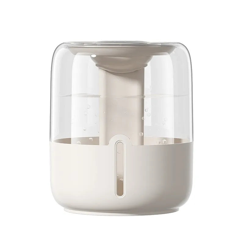 Beige round USB humidifier with dual spray nozzles, humidity display, and night light on a wooden surface.