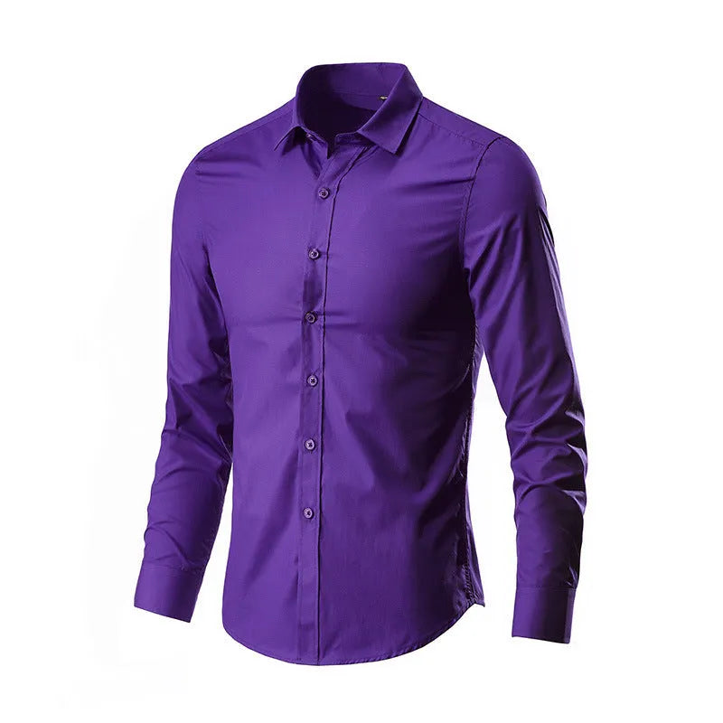 Men's slim fit long sleeve linen shirt in a choice of colours on a hanger.