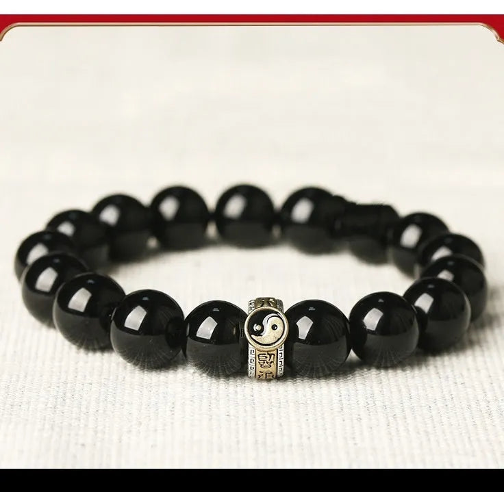 Black stone single ring bracelet for men and women, manual processing, 10mm or 12mm bead size, unisex style