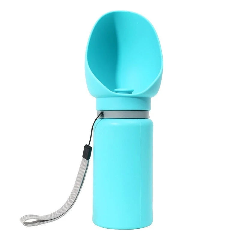 Folding pet water bottle in blue and grey, leak-proof design for outdoor use