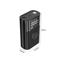 Handheld wireless digital tyre inflator with LCD screen and selection of nozzle adaptors.
