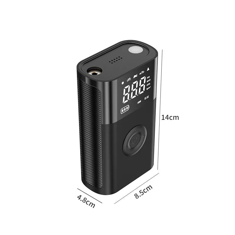 Handheld wireless digital tyre inflator with LCD screen and selection of nozzle adaptors.