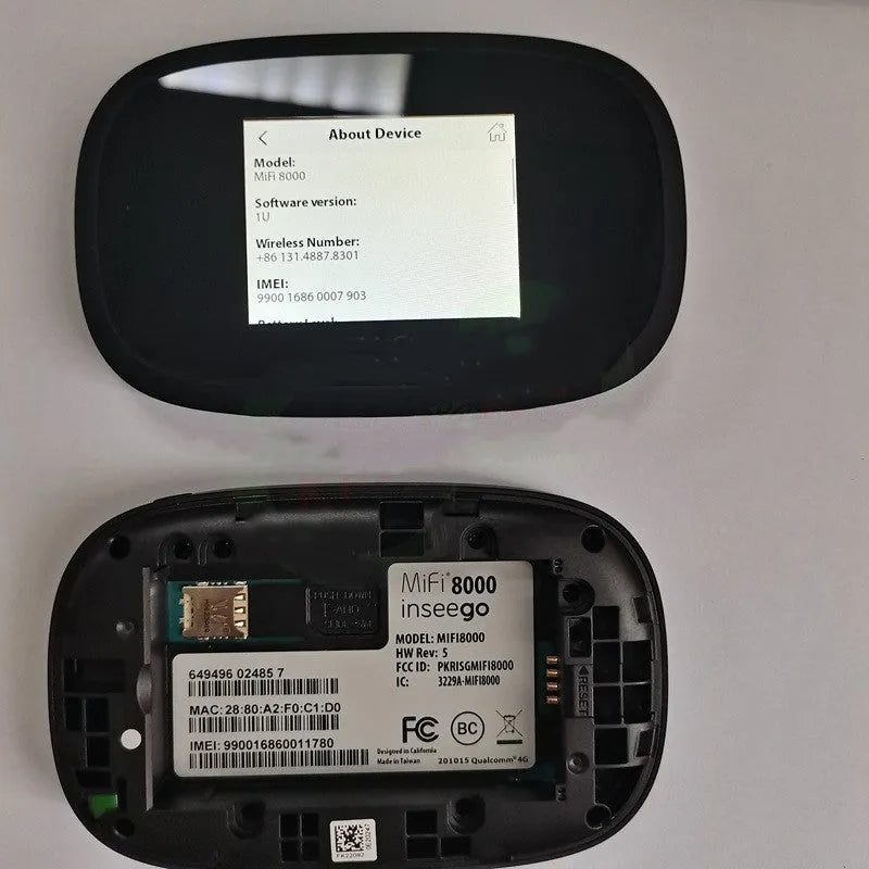 Black MiFi8000 portable 4G wireless router with compact rectangular design on a white background.