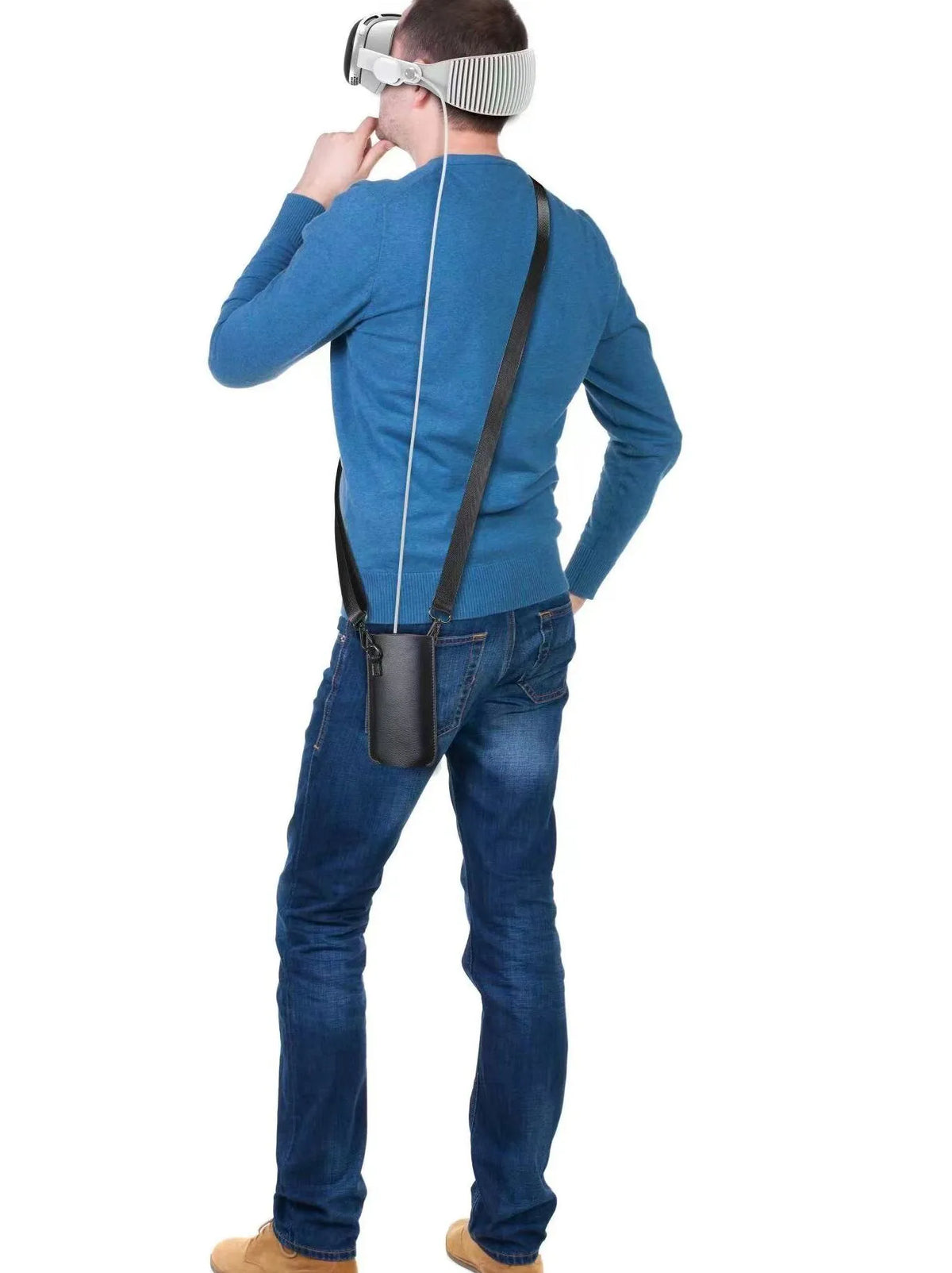 Brown leather battery power shoulder strap protective cover on a black strap, front view
