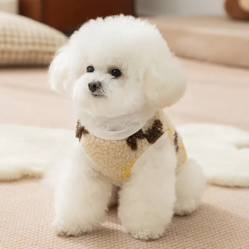 White Teddy bear printed Sherpa pet vest with button closure for small dogs and cats