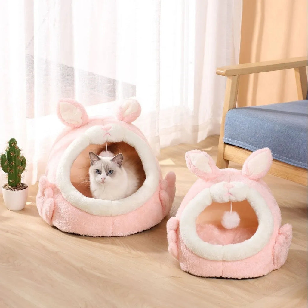 Bejirog pink screaming rabbit semi-closed cloth cat nest for autumn and winter, available in gray and pink sizes