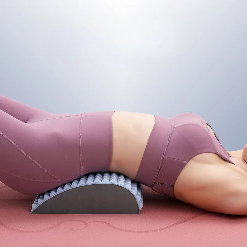 Blue EVA foam back stretcher pillow for lumbar and neck support measuring 33cm long