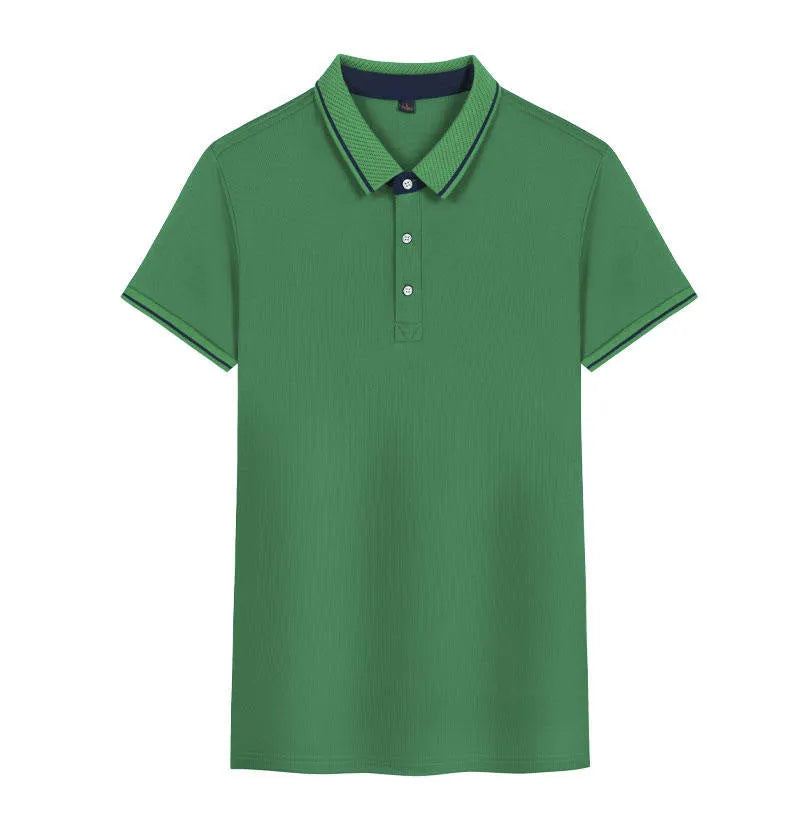 Korean style asymmetric work polo shirt in a solid colour on a hanger, showing loose fit and short sleeves.