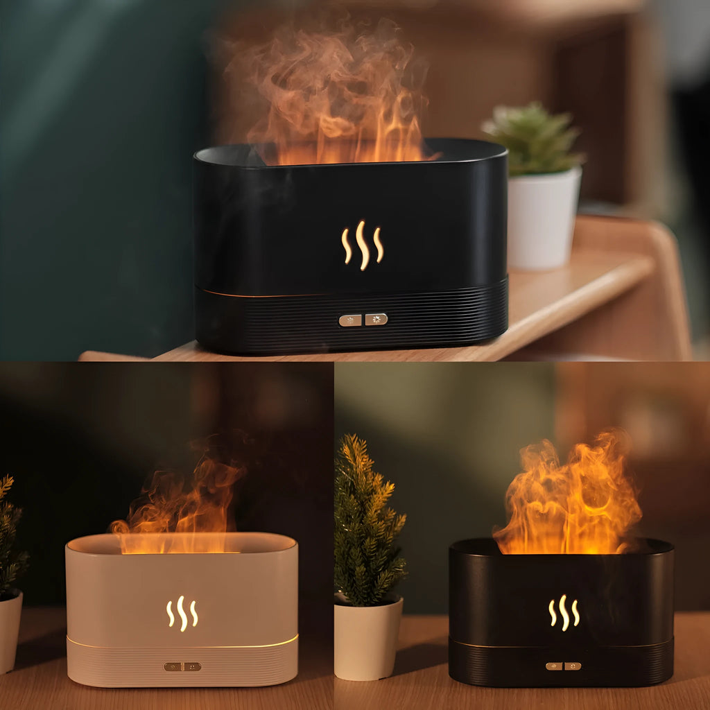 Black or white square ultrasonic aroma diffuser with flame light effect and water tank