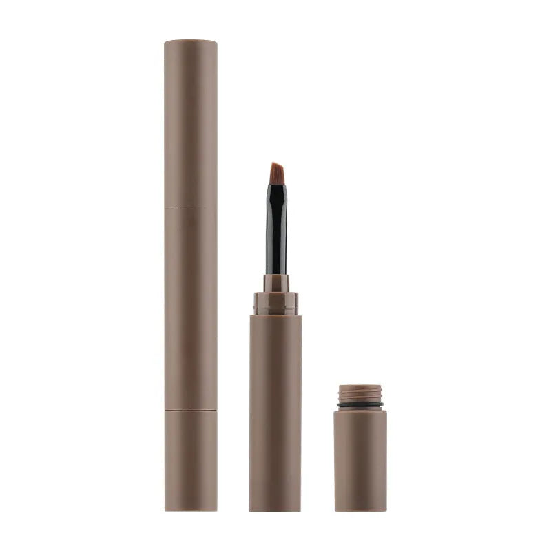 Dual-ended eyebrow makeup stick with cream pencil and powder in a case, shown in one of five natural shades.