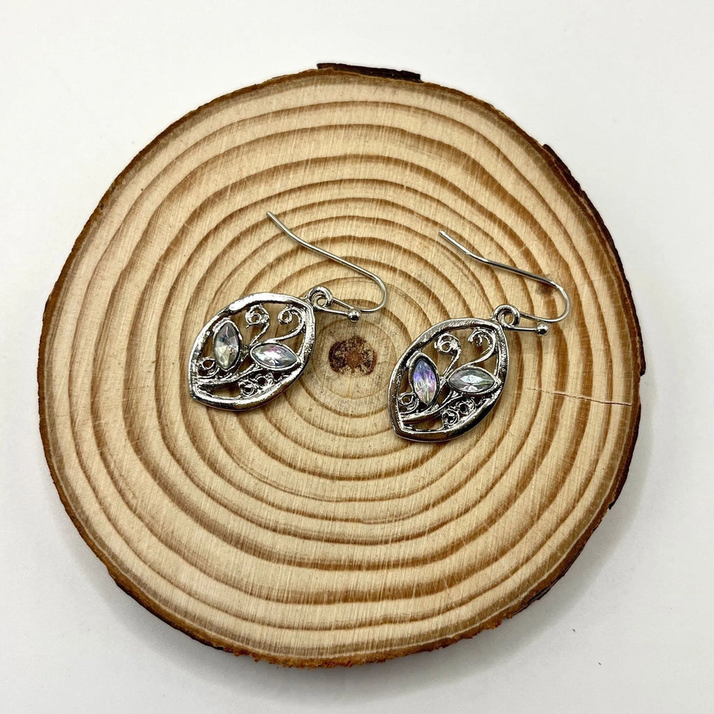 Silver colour leaf-shaped earrings with embedded colourful moonstones and European design elements