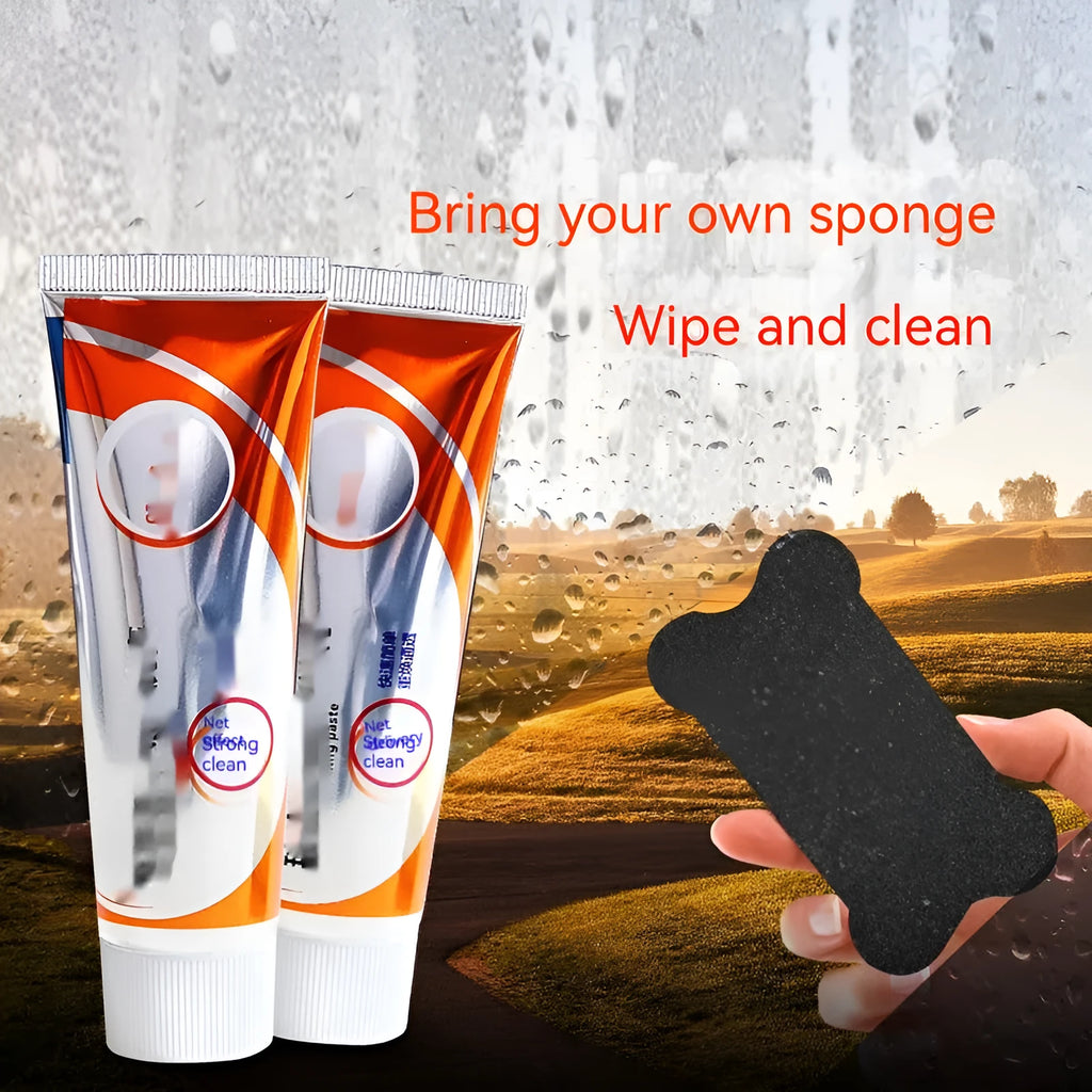 White car windscreen cleaning paste in 13.2cm container with sponge mop for oil stain removal