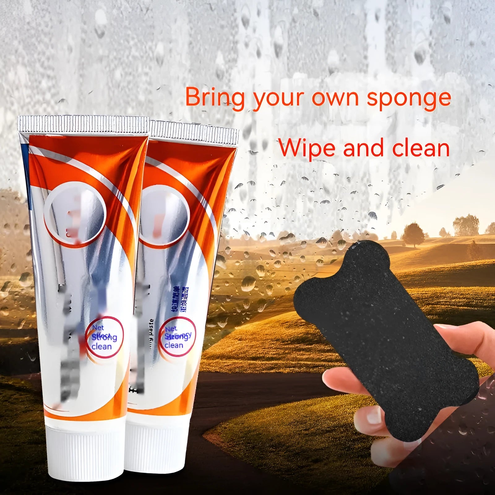 White car windscreen cleaning paste in 13.2cm container with sponge mop for oil stain removal