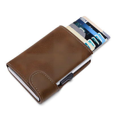 Black Crazy Horse leather aluminium card case wallet, 9.5 cm slim design with magnetic buckle and coin slot