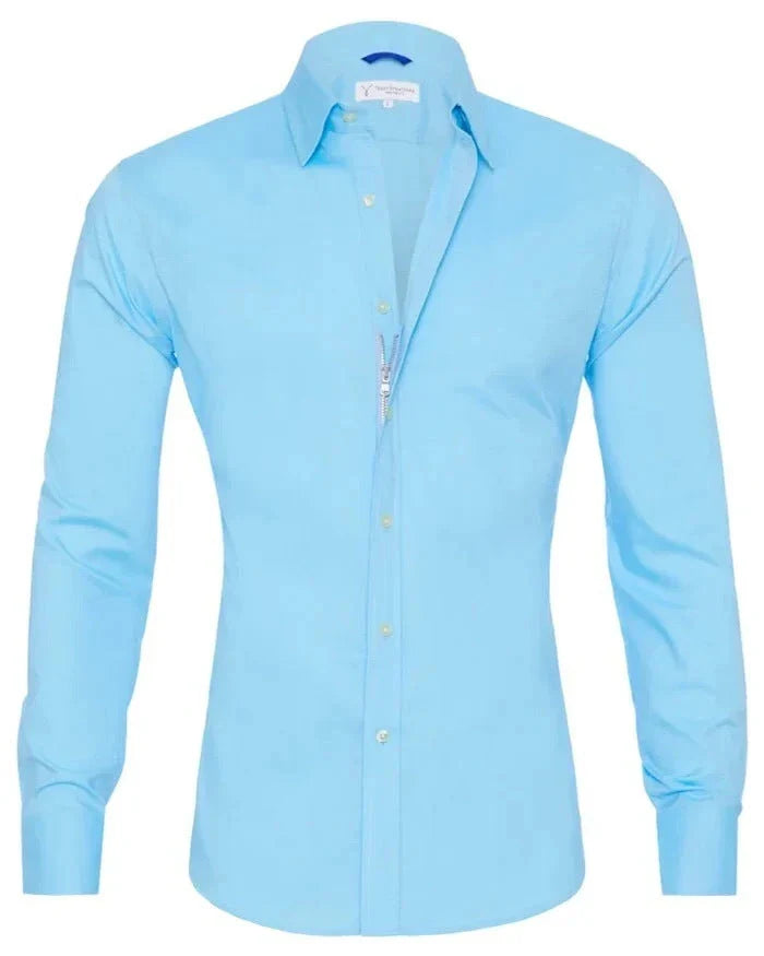 A stylish long sleeve zipper shirt with a button-accented lapel design, made of breathable cotton fabric for men.