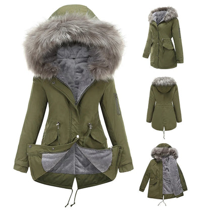 Mid-length hooded parka in various colours, featuring cotton padding for warmth