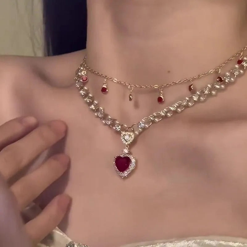 Red double layer necklace with heart pendant on adjustable alloy chain