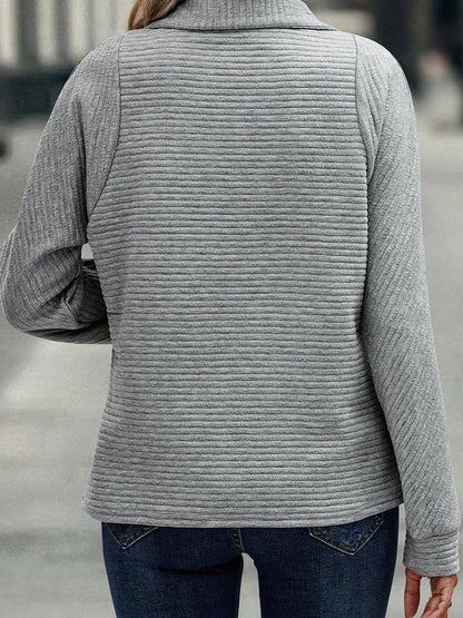 Women's zipper stand collar pullover sweatshirt with striped long sleeve in various colours