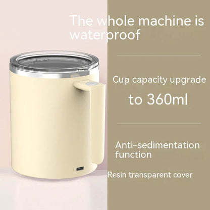 Stainless steel self-stirring coffee mug with rechargeable battery, available in white, pink, black, and macaron milky white colors