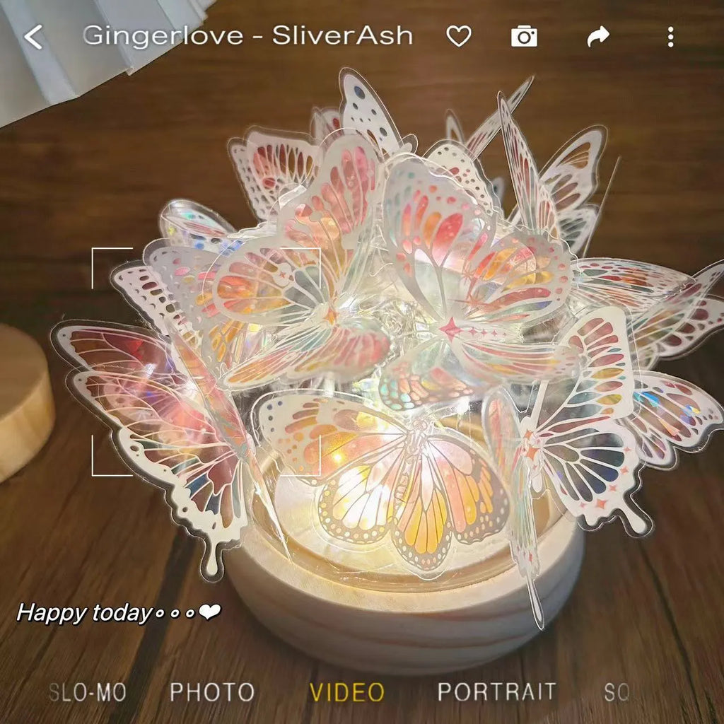 Butterfly night lamp with glass shade on raw wood base, 12x15cm bedside light