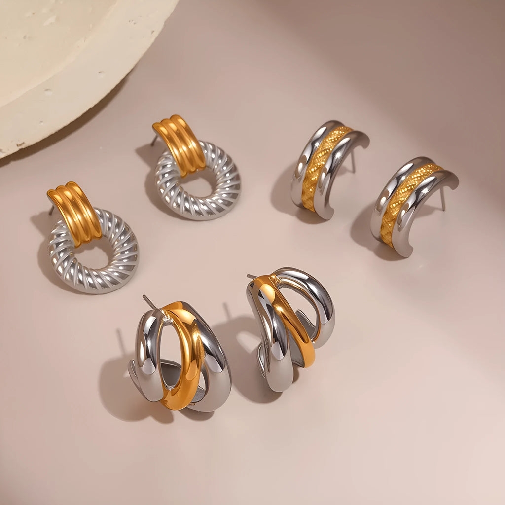 Stainless steel geometric earrings with 18K electroplating, gold and silver colour matching, round ring line design for women