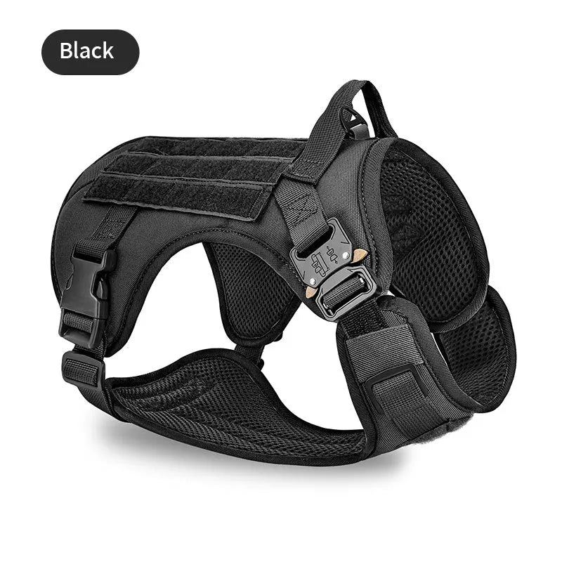 Tactical camouflage dog harness for large breeds with 4 adjustable straps and quick release buckles