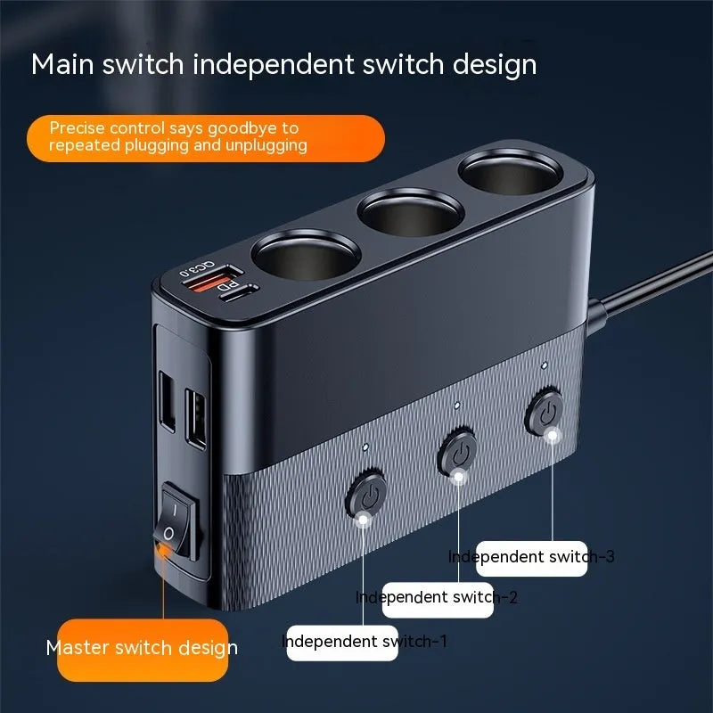 C28 black vehicle cigarette lighter charger with USB 3.0, QC 3.0 and PD ports on 1 metre cable