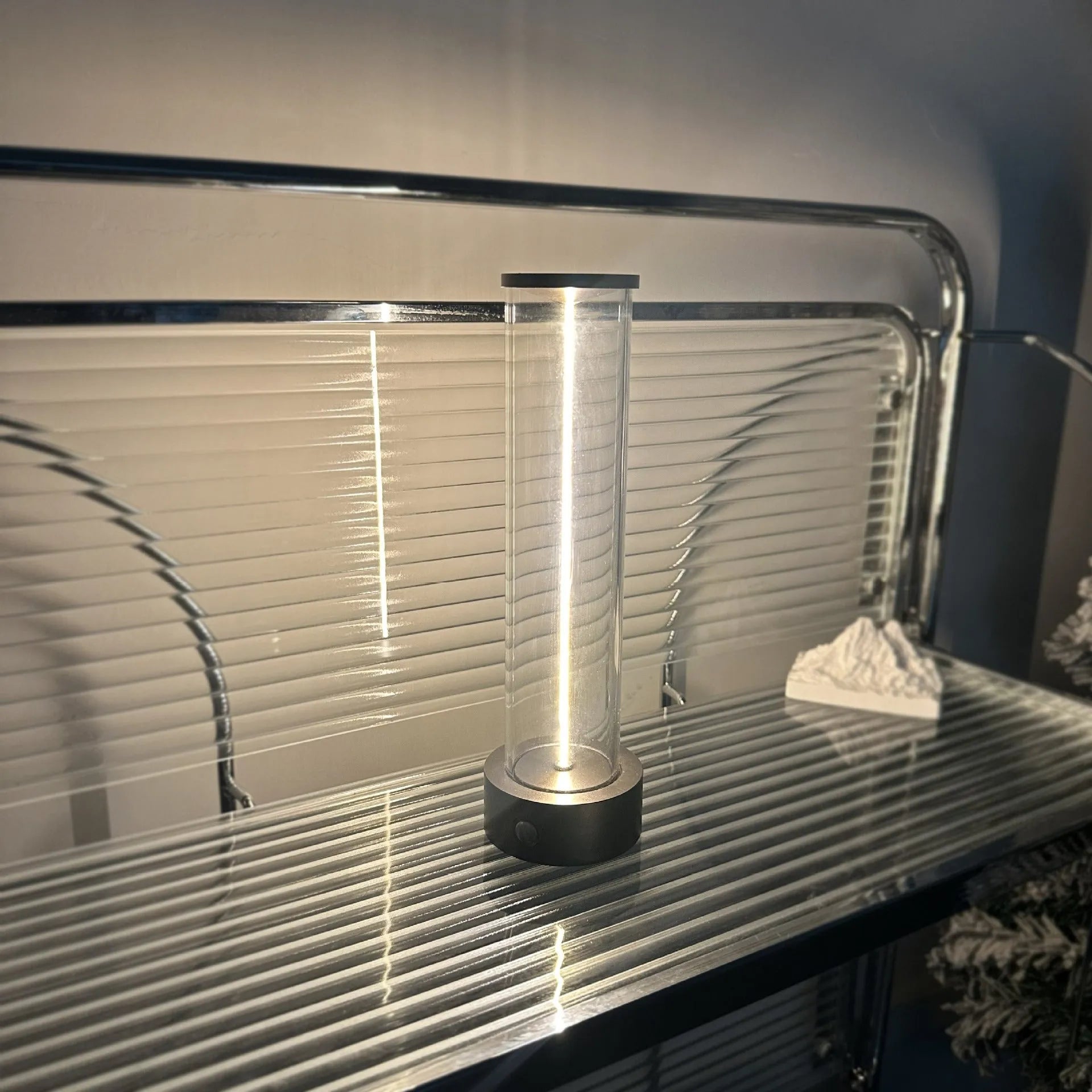 Slender glass LED night light strip with magnetic base, dimensions 53mm by 234mm