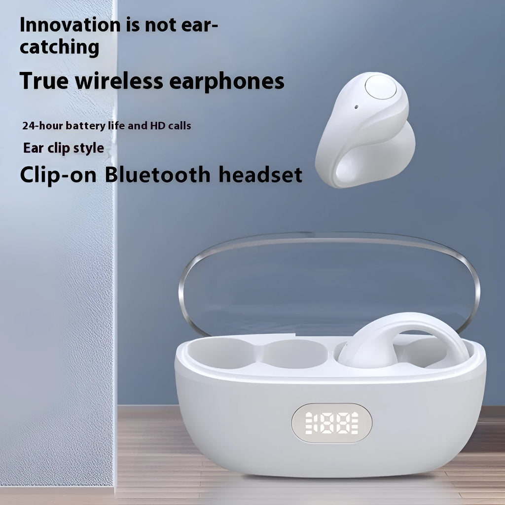 Large Power Clip-on Wireless Sports Earphones in black, with bone conduction and digital display for secure sports audio