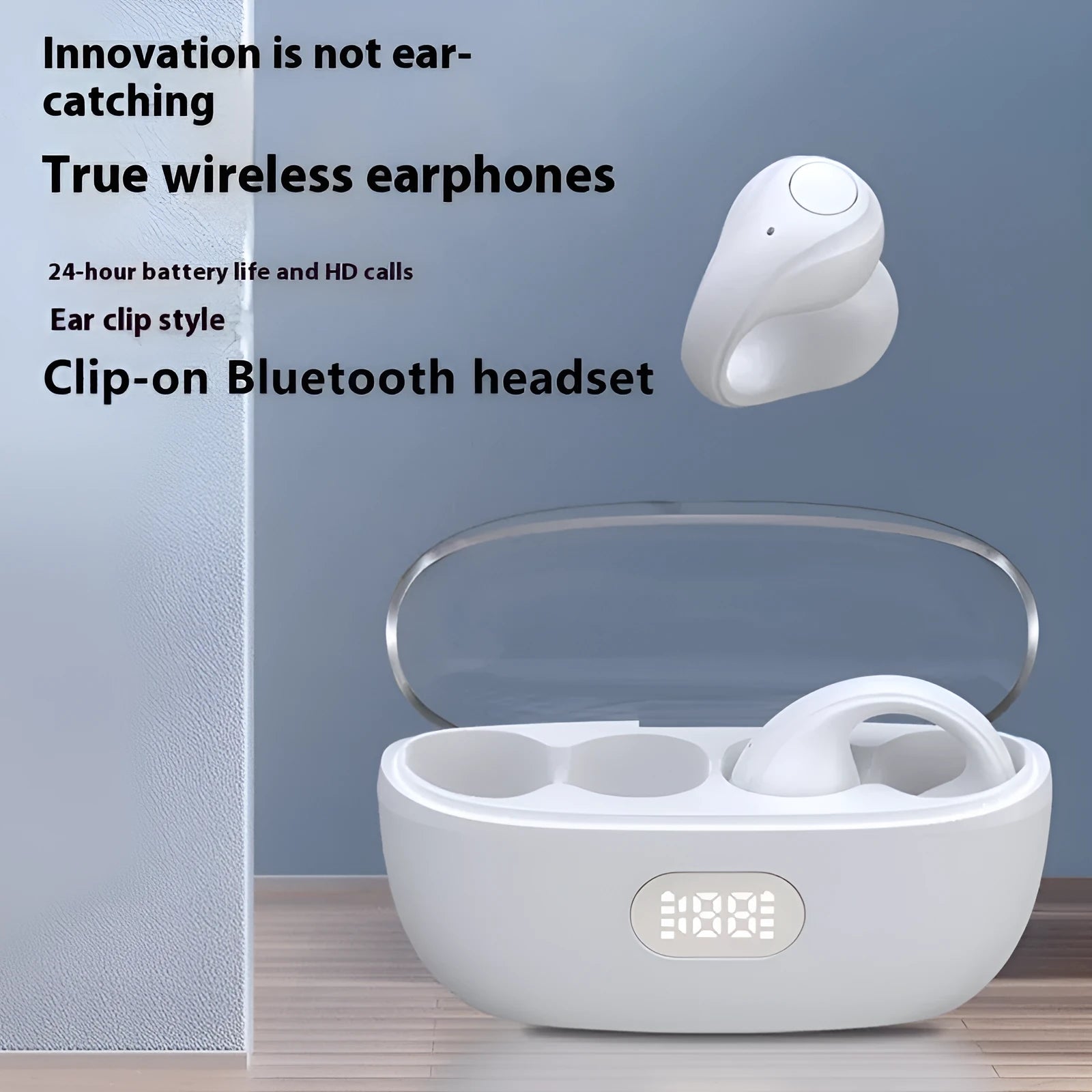 Large Power Clip-on Wireless Sports Earphones in black, with bone conduction and digital display for secure sports audio