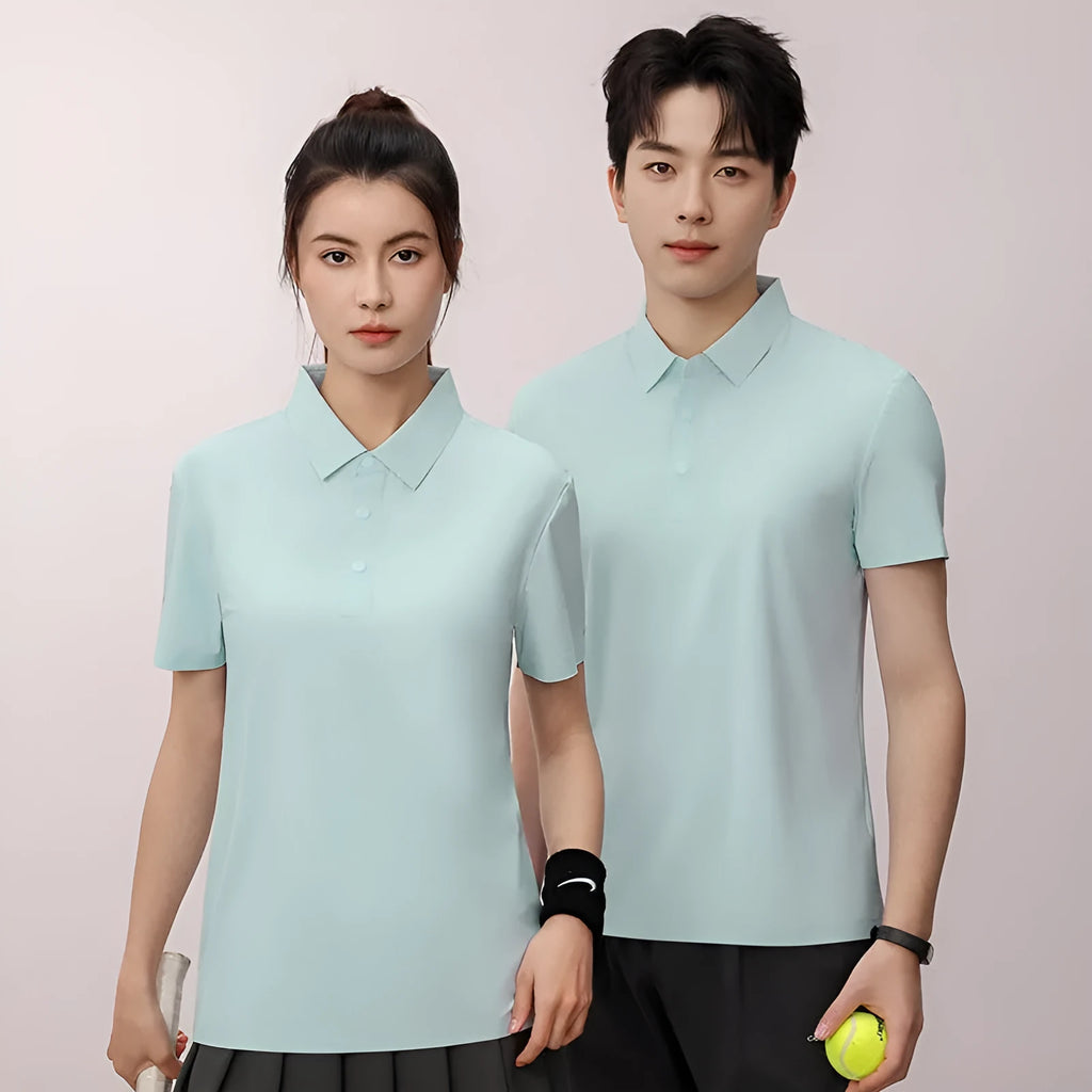 Seamless brocade polo shirt in apple green, shown on a hanger.