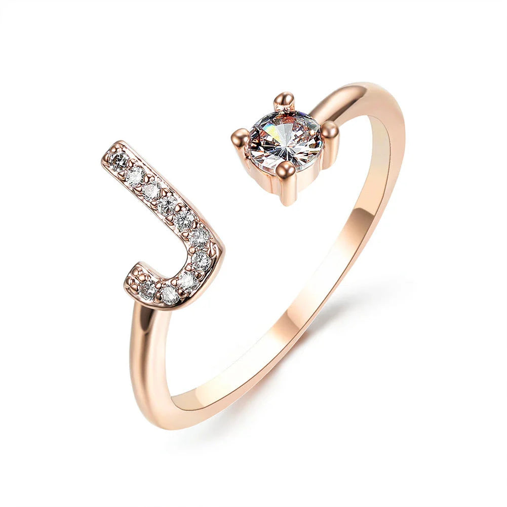 Elegant 26-letter adjustable initial ring in gold, silver, and rose gold finishes