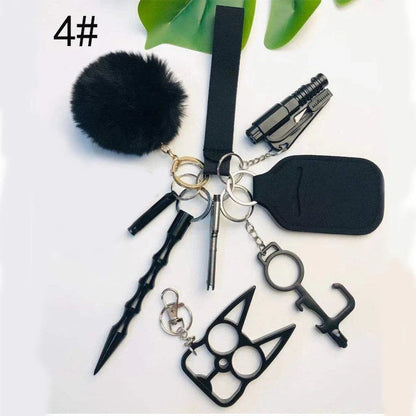 Self-defense keychain set for women with 11 safety tools including alarm, window breaker, and whistle