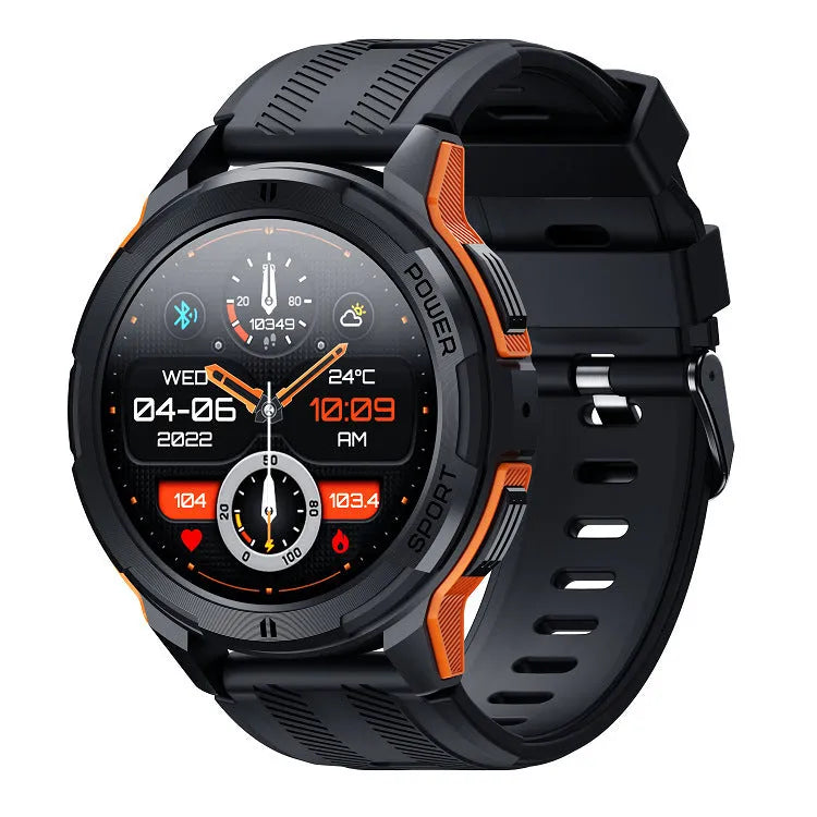 Smart bracelet with 1.43-inch Amoled screen and Bluetooth calling, black and orange options on wrist